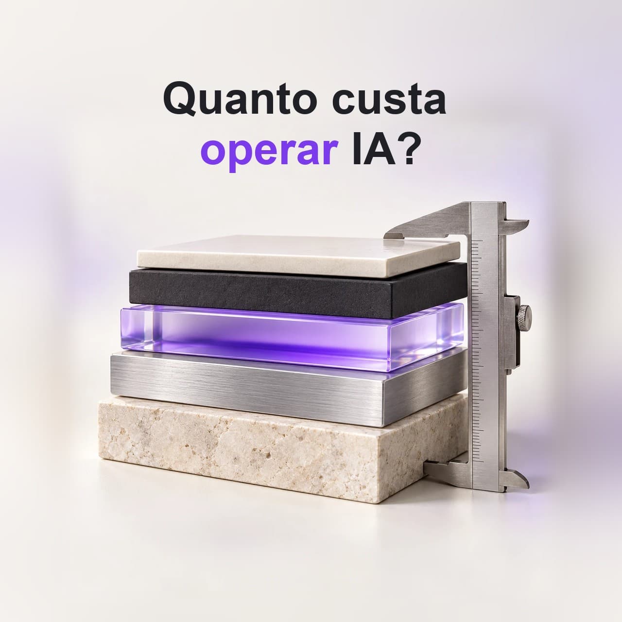 Cinco camadas de materiais diferentes empilhadas, medidas por um paquímetro de alumínio. Headline: Quanto custa operar IA?