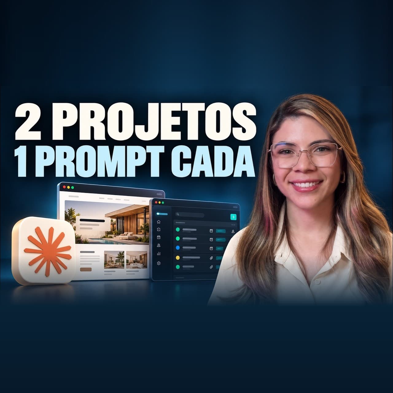 Thalena Lima sorri ao lado do texto "2 projetos, 1 prompt cada", com duas telas de aplicativo e um ícone laranja em estrela