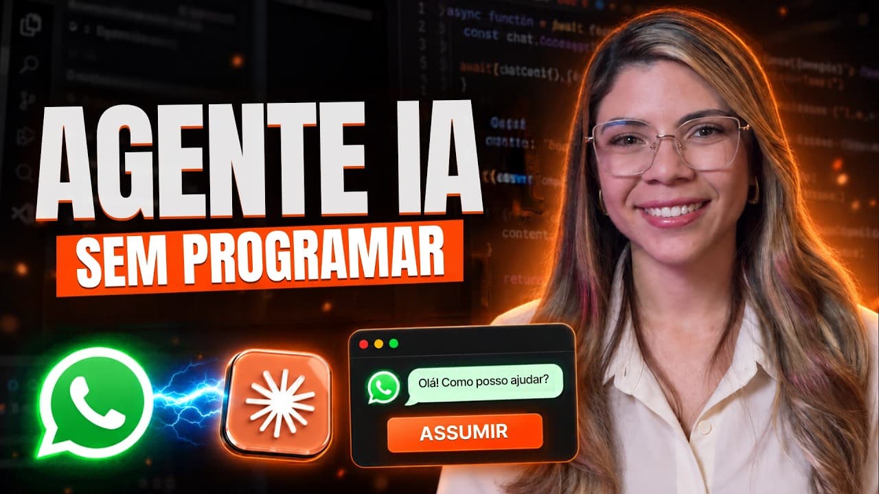 Thalena Lima ao lado das frases Agente IA e Sem programar, com ícones de WhatsApp e Claude e um painel ilustrativo com o botão Assumir.
